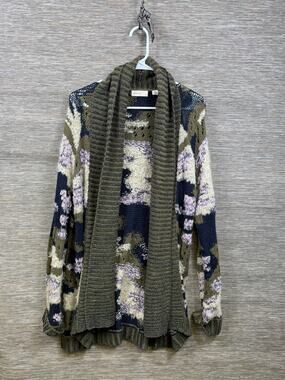 Sleeping On Snow Cardigan Sweater Womens M Green Camo Open Knit Shawl Collar